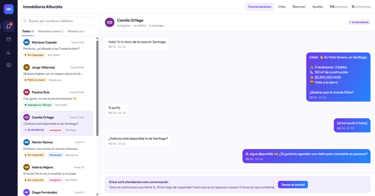 Panel de control de Hectilabs mostrando una conversación de Instagram con un cliente